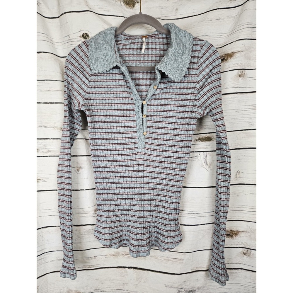 Free People Delilah Blue Striped Ribbed Knit Polo Top L Crochet Collar Boho